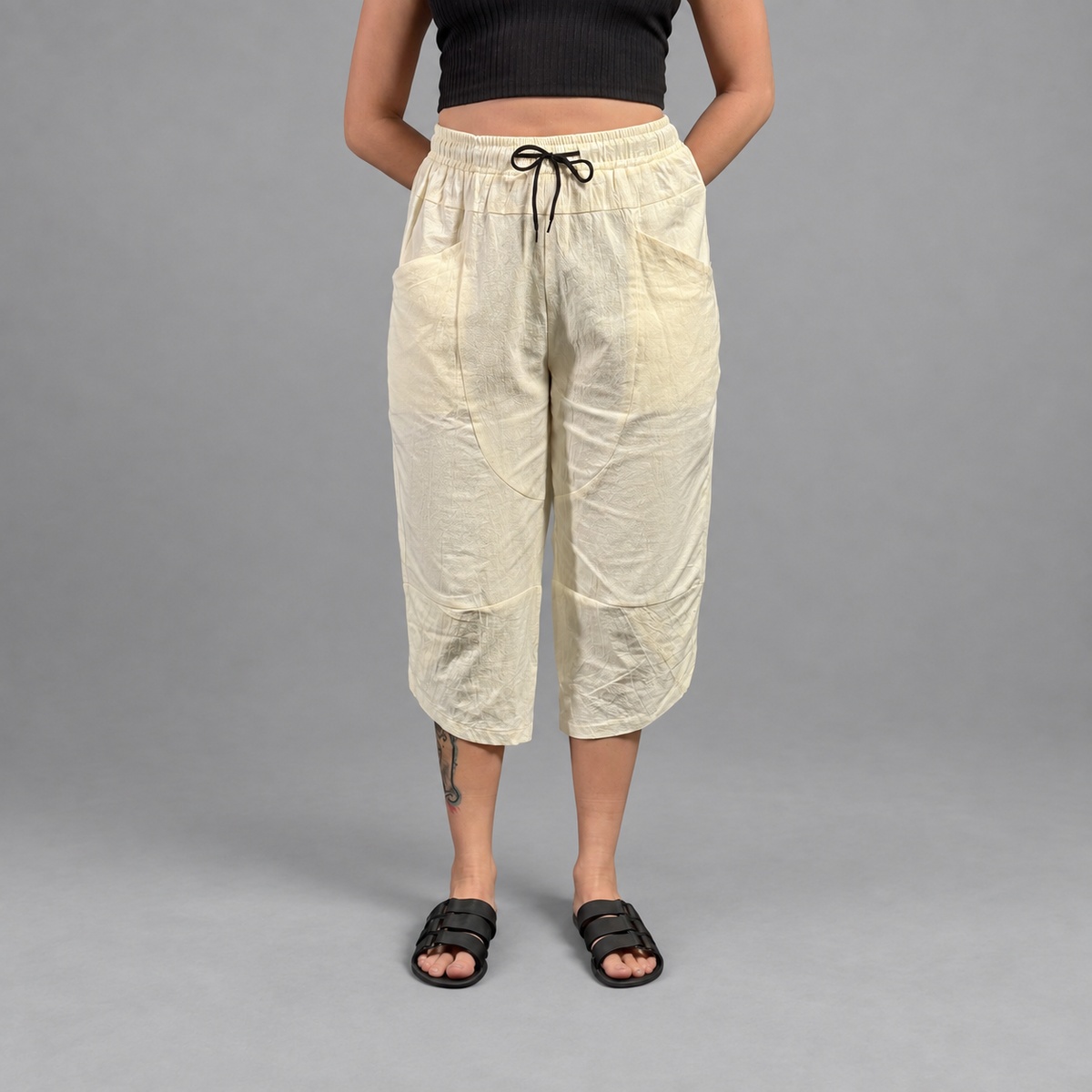 Pantalon de Lino Liso Amarillo 3/4