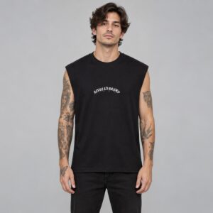 Remera Sin Mangas Effect Rituals — Modelo · frente sobre fondo gris