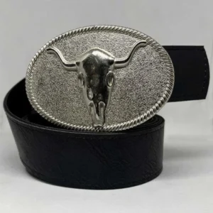 Cinto Ecocuero Negro Hebilla Calavera Toro Plata