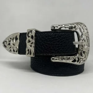 Cinto Ecocuero Negro Hebilla Filigrana Plata