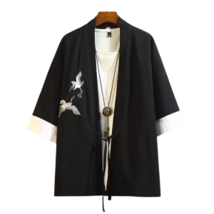 Haori de Lino Bordado Tsuru Negro