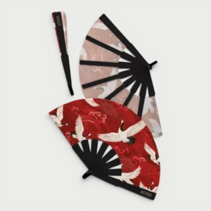 Abanico Grullas Olas Carmesi con funda