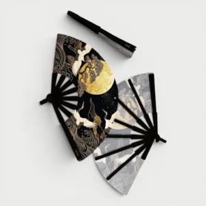 Abanico Grullas luna dorada con funda