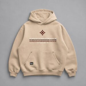 Hoodie Devil Oversize beige — Portada sobre fondo gris