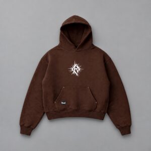 Hoodie Boxy Generation Chocolate — Portada sobre fondo gris