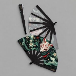 Abanico Kitsune Green con funda - fondo gris