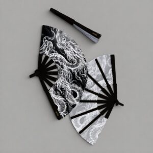 Abanico Dragon Blanco con funda - fondo gris