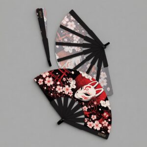 Abanico Hanami Kitsune con funda - fondo gris