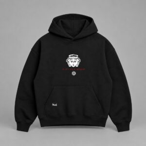 Hoodie Boxy Three Faces black — Portada sobre fondo gris