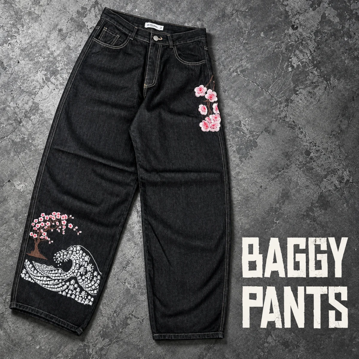 Baggy Pants: pantalón Hanami negro de corte ancho con flores rosas y ola blanca
