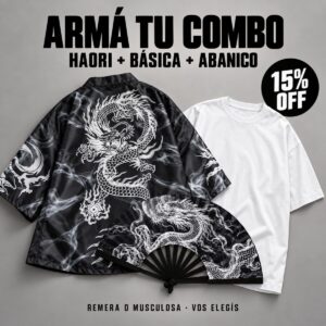 Combo de haori negro con dragón blanco, remera blanca y abanico de dragón. 15% OFF llevando los tres.